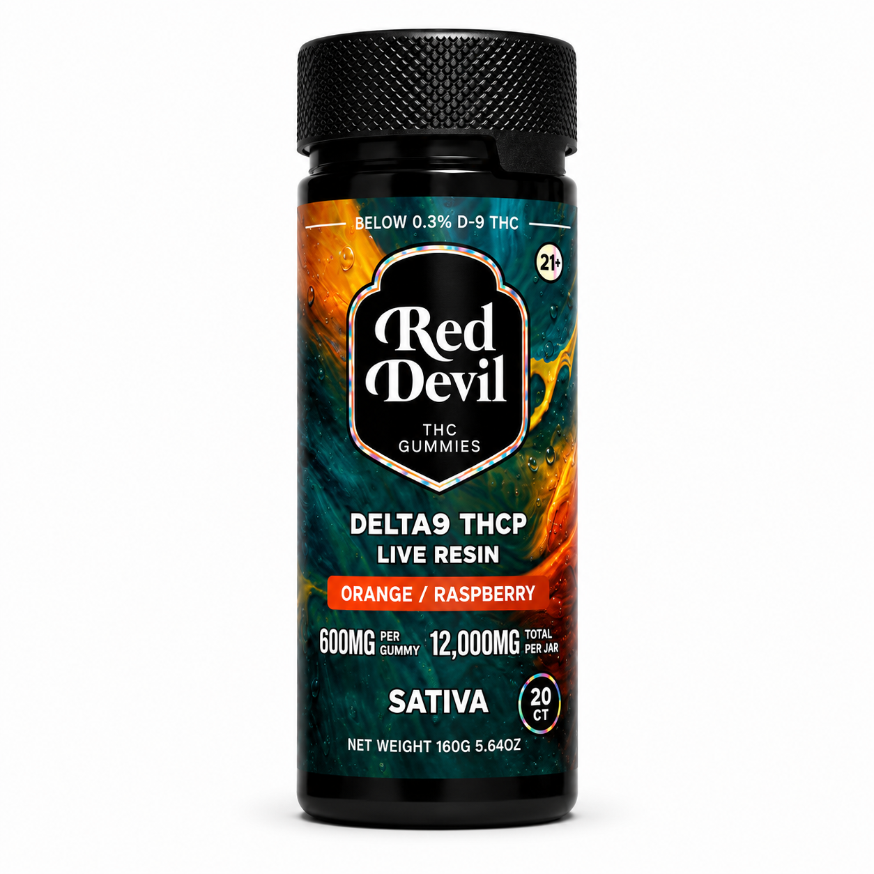 RED DEVIL D9 DUAL GUMMIES 12000MG BOTTLE 20CT - ORANGE & RASPBERRY SATIVA