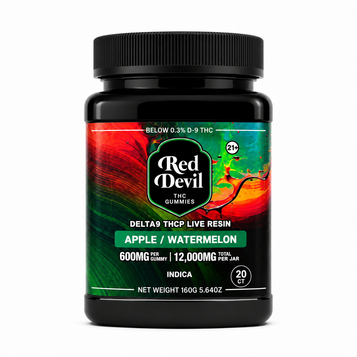 RED DEVIL SINGLE PACK 600 MG D9 BLEND DUAL GUMMY 20CT JAR-APPLE & WATERMELON INDICA