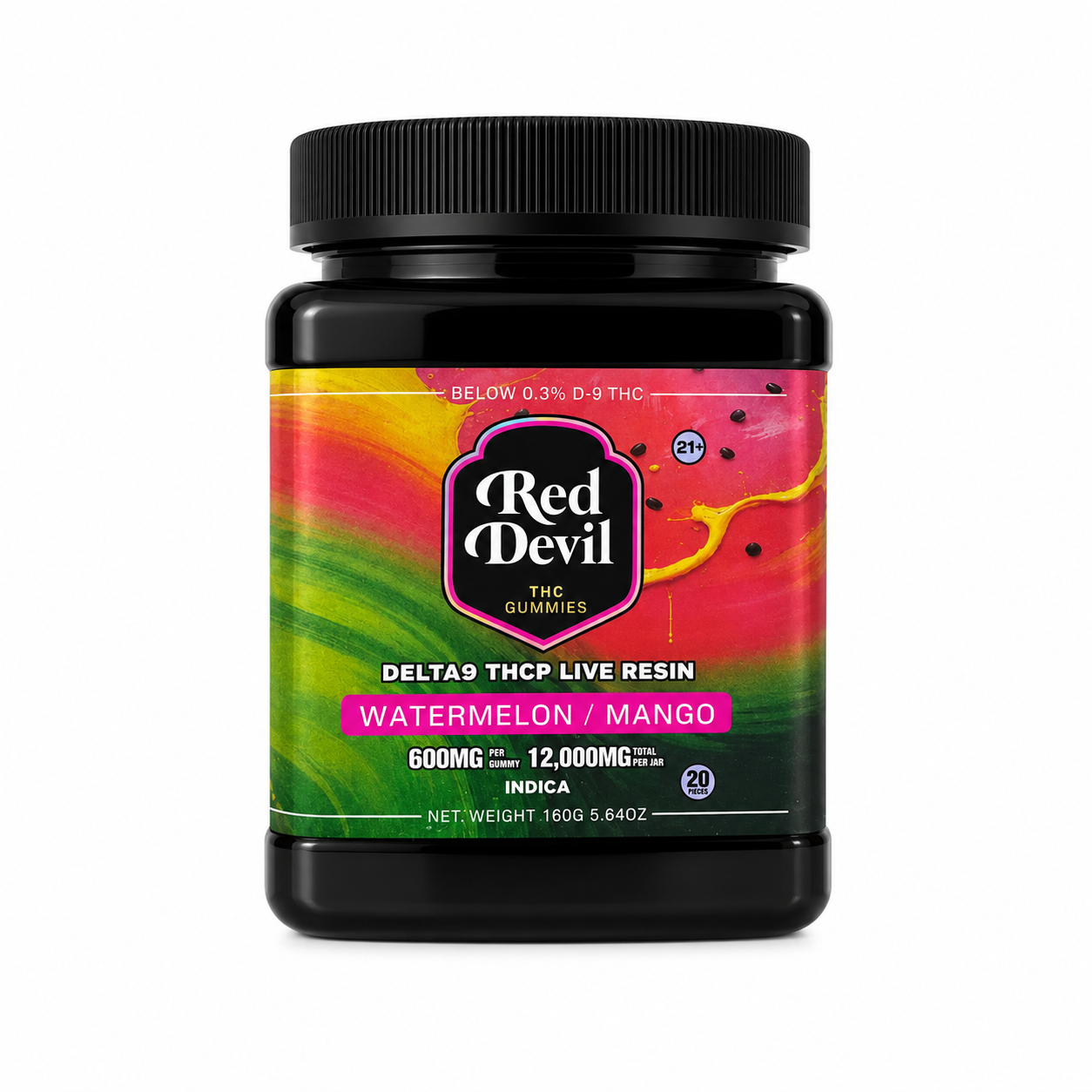 RED DEVIL SINGLE PACK 600 MG D9 BLEND DUAL GUMMY 20CT JAR-WATERMELON & MANGO INDICA