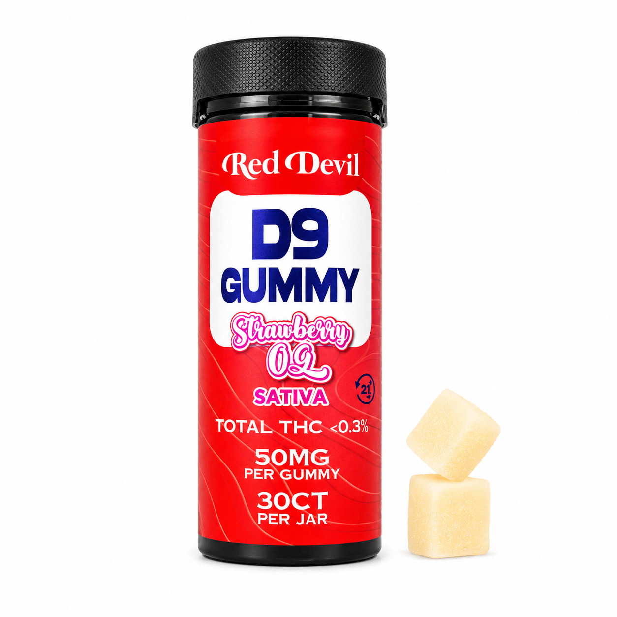 RED DEVIL D9+CBD GUMMIES 50MG BOTTLE 30CT- STRAWBERRY OG SATIVA